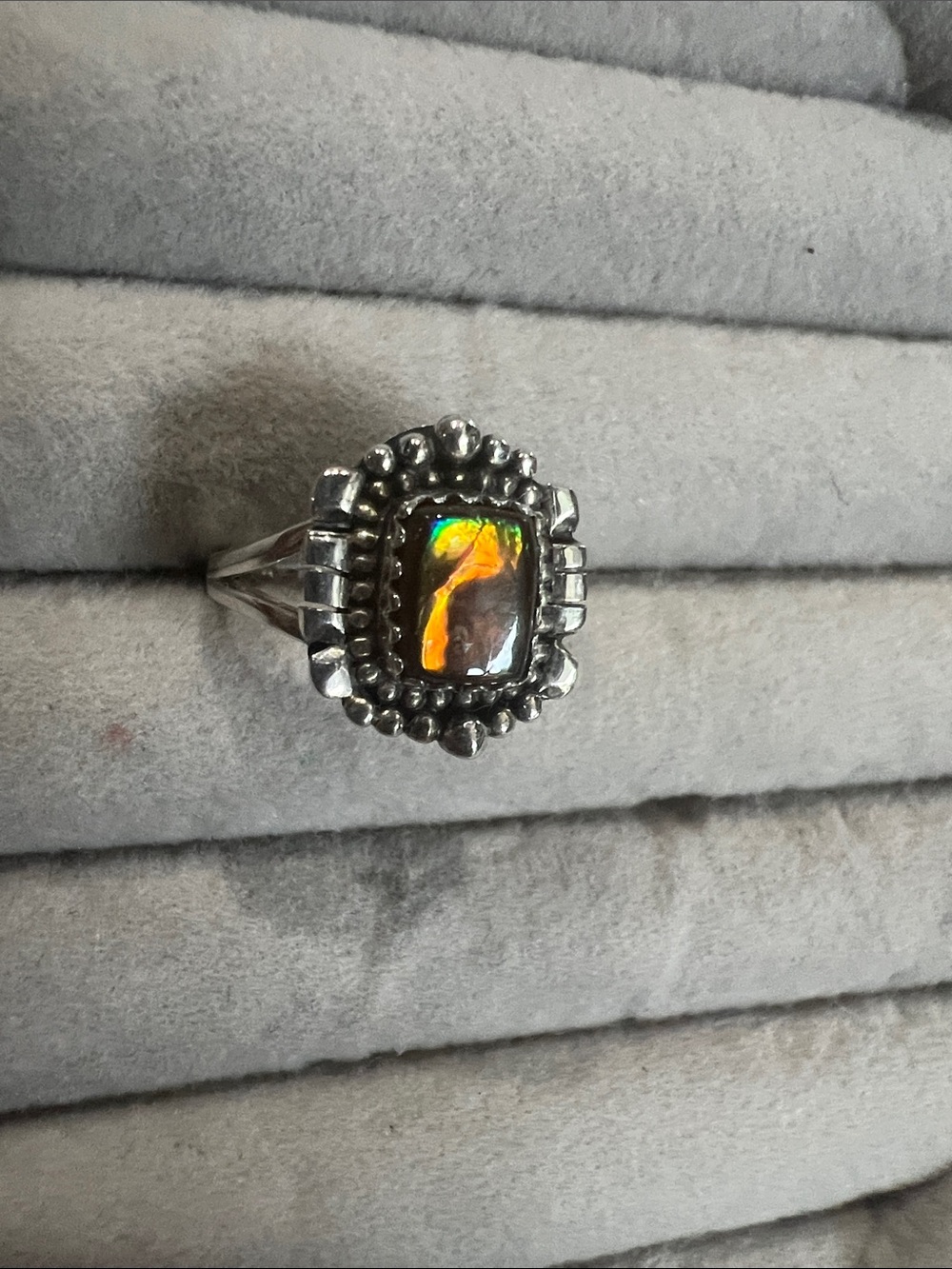 Sterling Silver Ammolite Accent Ring in Orange-Green Fire